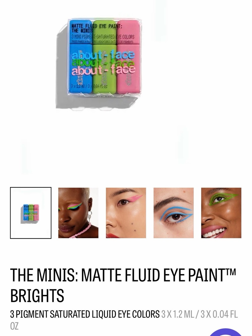 About Face The Minis Matte Fluid Eye Paint — Bright Blue, Neon Green & Hot Pink